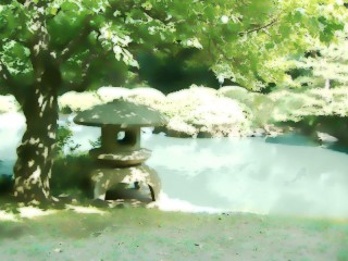 池のある日本庭園　差分：日中／夕方／夜